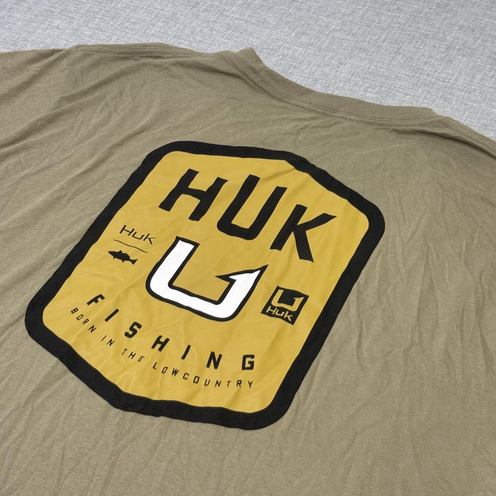 Huk T-Shirt Mens 2XL Green Tan Fishing Graphic Crew Neck Tagless Cotton Jersey